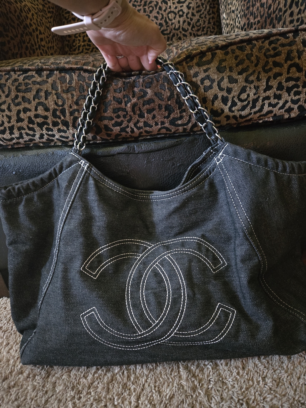 CHANEL-LIKE Black Denim Tote with Chain-Trim Handles